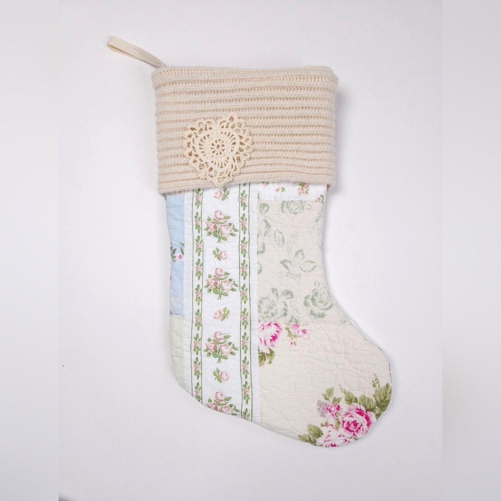 Upcycled Quilted Shabby Chic Christmas Stocking Ivory and Pink Floral